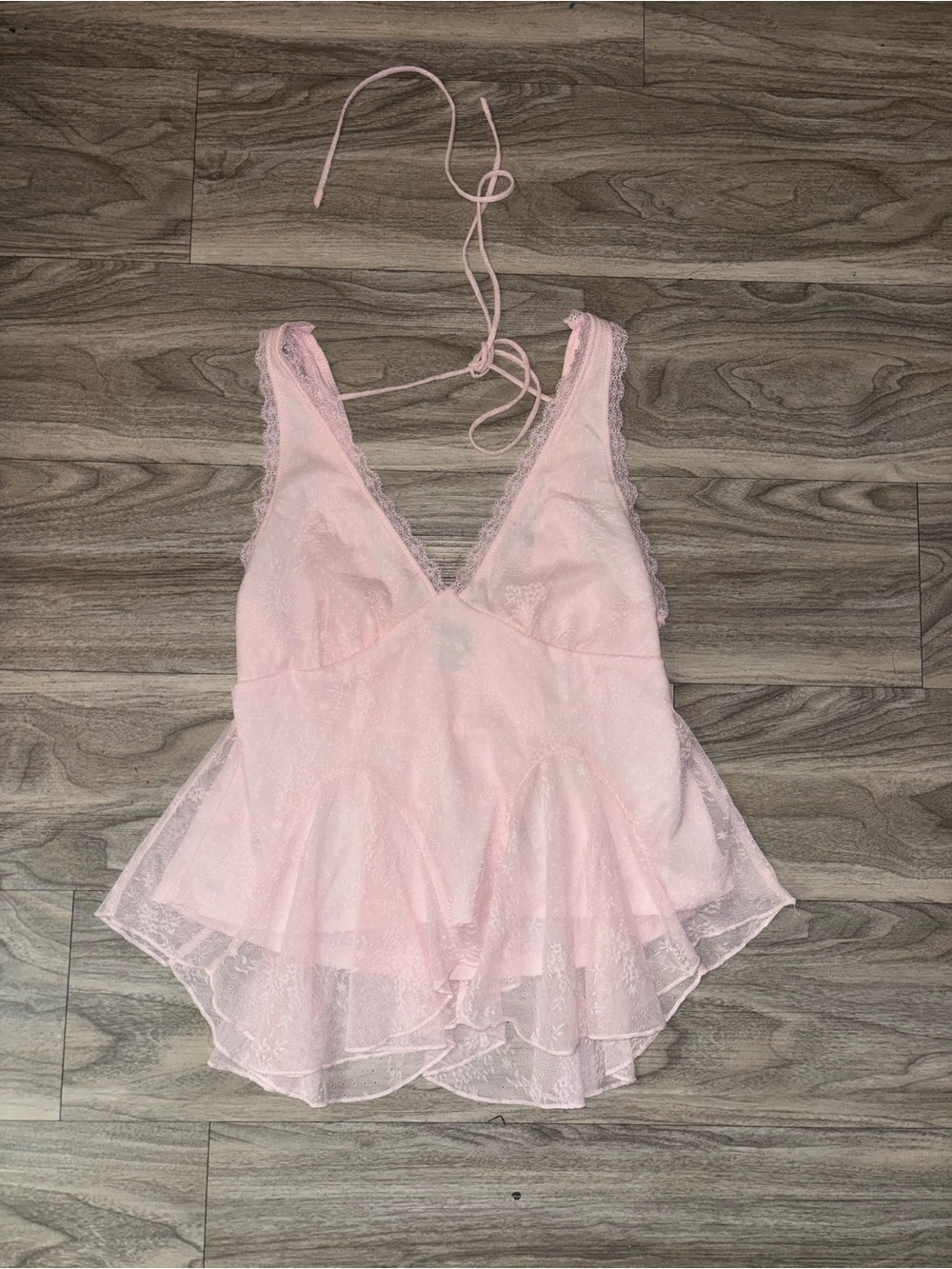 Sheer Lace Halter Babydoll Chemise - Light Pink